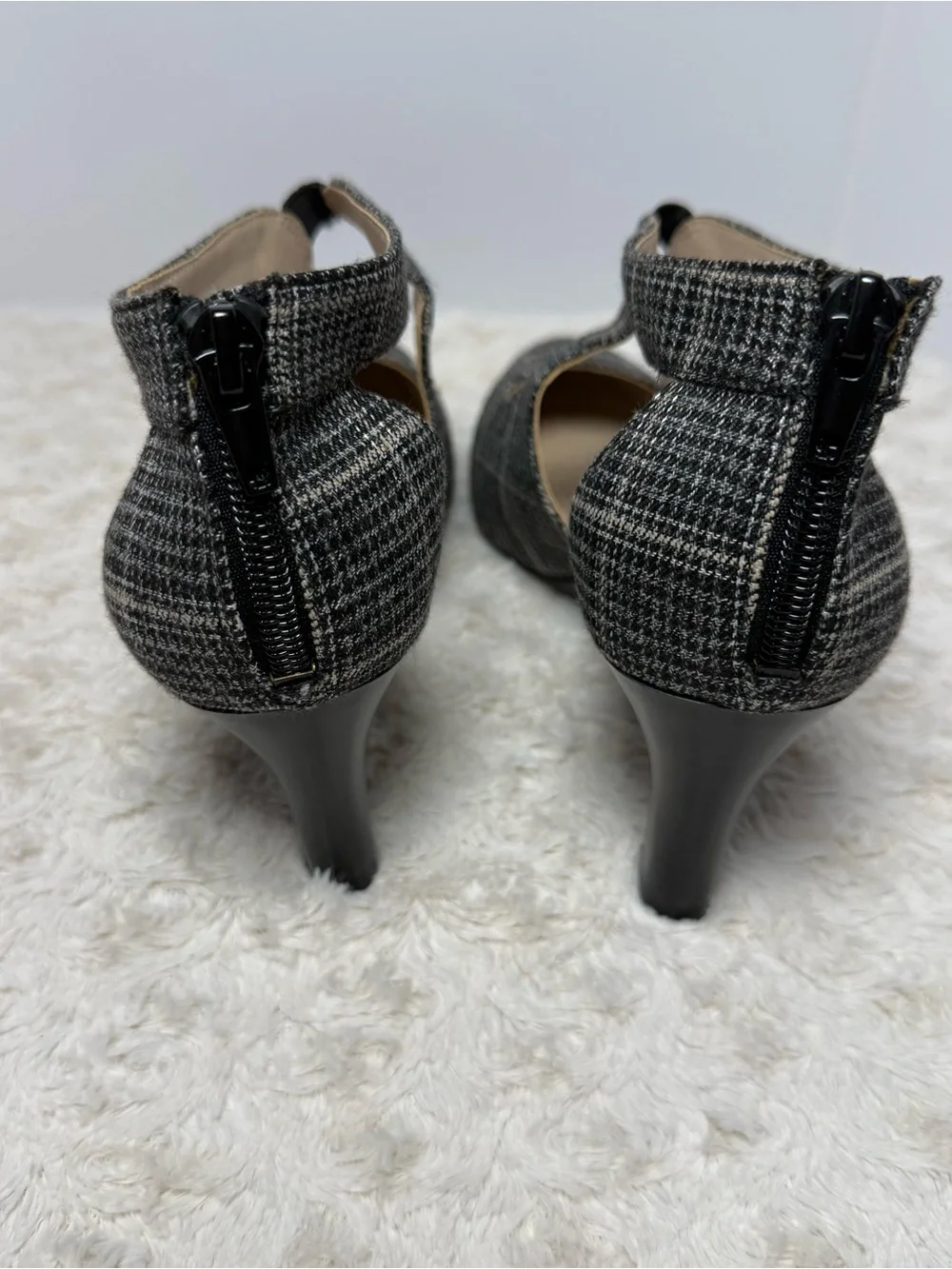 Life Stride Black & Gray Plaid Pointed T-Strap Heels with Back Zip